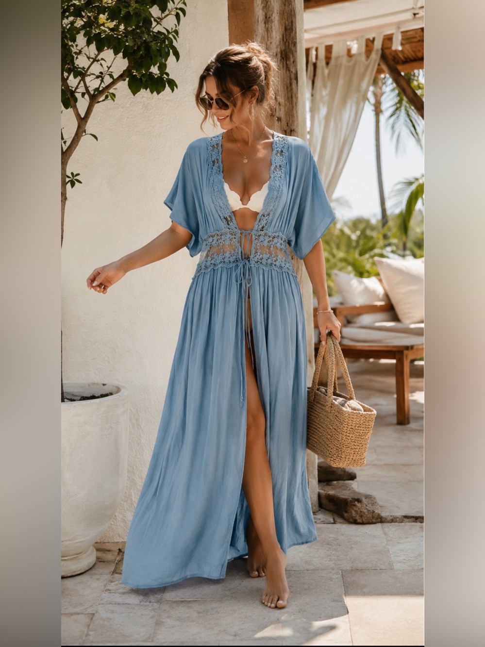 Boho Blue Lace Maternity Kimono Maxi Cover Up Duster Beach